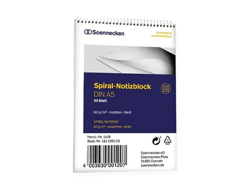 [90260236 1398632] Soennecken Spiralblock A5, 50 Blätter, kariert