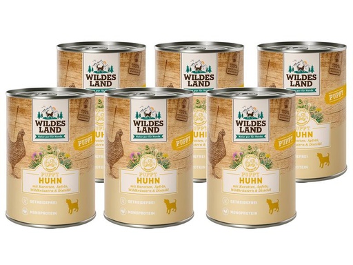 [90263323 1457846] Wildes Land Nassfutter Dog Puppy Huhn mit Karotte &amp; Apfel, 6 x 400 g