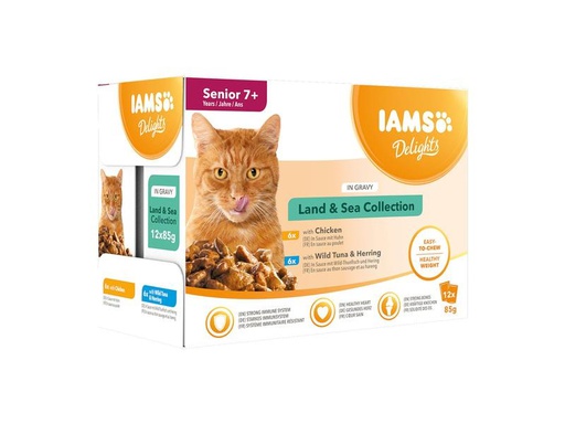 [90269983 1482722] Iams Nassfutter Iams Delights Senior Land&amp;Sea Mix, 12 x 85 g