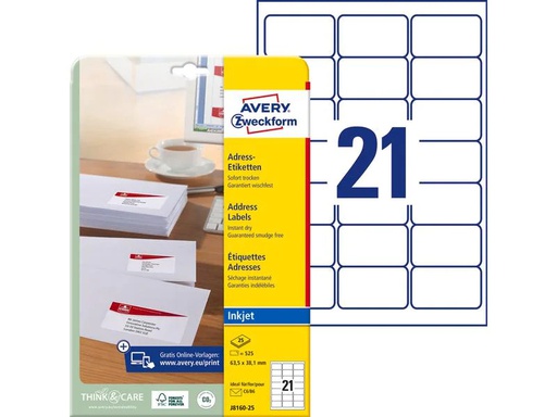 [90270041 1483536] Avery Zweckform Adressetiketten 63.5 x 38.1 mm, 25 Blatt, Weiss