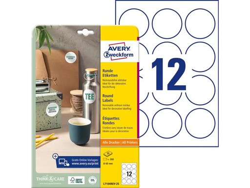 [90270123 1483568] Avery Zweckform Runde Etiketten Ø 60 mm, 25 Blatt
