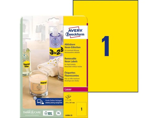 [90270138 1483562] Avery Zweckform Vielzweck-Etiketten 210 x 297 mm, 25 Blatt, Neongelb