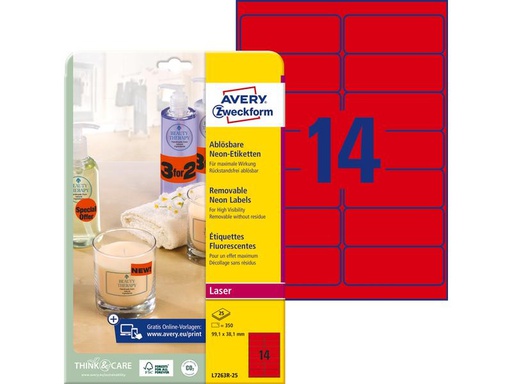 [90270188 1483560] Avery Zweckform Vielzweck-Etiketten 99.1 x 38.1 mm, 25 Blatt, Neonrot