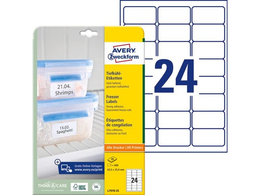 [90270372 1483586] Avery Zweckform Tiefkühletiketten 63.5 x 33.9 mm, 25 Blatt