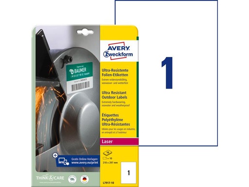 [90270384 1483581] Avery Zweckform Vielzweck-Etiketten ultra-resistent 210 x 297 mm, 10 Blatt