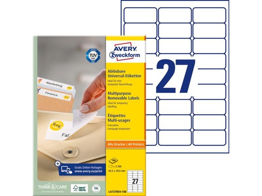 [90270481 1483521] Avery Zweckform Universal-Etiketten Stick + Lift 63.5 x 29.6 mm, 100 Blatt