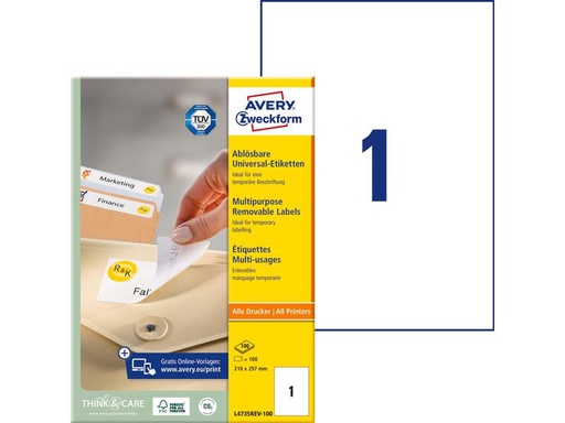 [90270612 1483523] Avery Zweckform Universal-Etiketten Stick + Lift 210 x 297 mm, 100 Blatt