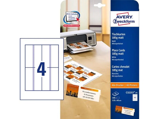 [90270706 1483594] Avery Zweckform Tischkarte 110 x 40 mm, 100 Stück