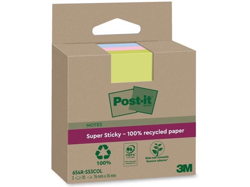 [90276101 1508188] Post-it Notizzettel Super Sticky Recycling, Mehrfarbig, 3 Blöcke