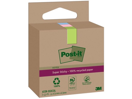 [90276141 1508189] Post-it Notizzettel Super Sticky Recycling, Mehrfarbig, 3 Blöcke