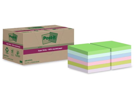 [90276158 1508192] Post-it Notizzettel Super Sticky Recycling, Mehrfarbig, 12 Blöcke