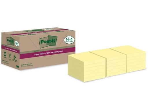 [90276206 1508194] Post-it Notizzettel Super Sticky Recycling, Gelb, 18 Blöcke
