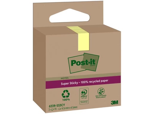 [90276218 1508186] Post-it Notizzettel Super Sticky Recycling, Gelb, 3 Blöcke