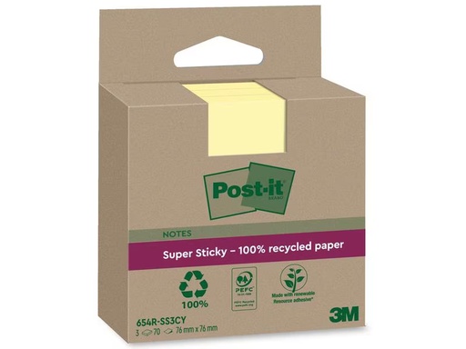[90276269 1508187] Post-it Notizzettel Super Sticky Recycling, Gelb, 3 Blöcke