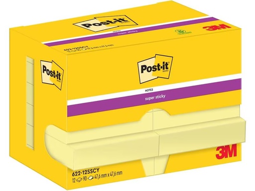 [90277141 1508404] Post-it Notizzettel Super Sticky 47 x 47 mm, Gelb, 12 Blöcke