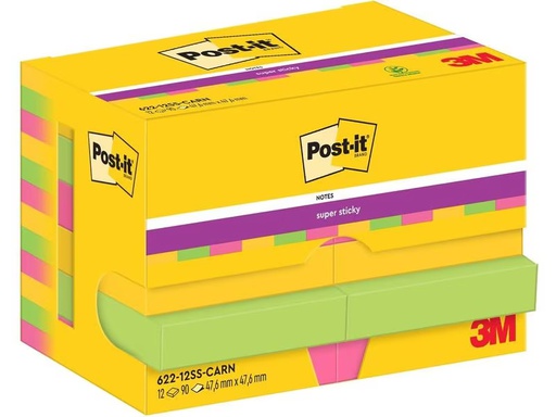 [90277153 1508405] Post-it Notizzettel Super Sticky 47 x 47 mm, Carnival, 12 Blöcke