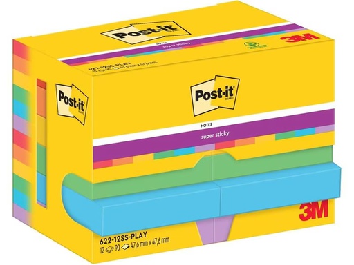 [90277788 1508416] Post-it Notizzettel Super Sticky 47 x 47 mm, Playful, 12 Blöcke