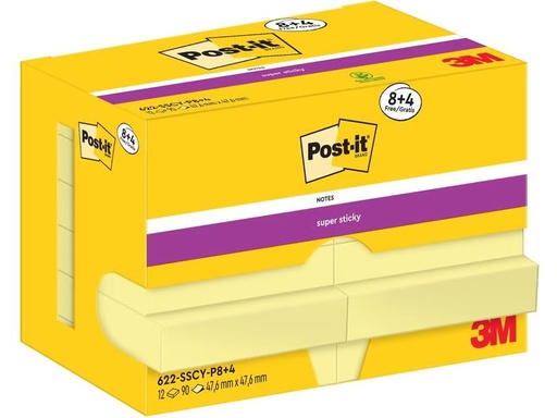 [90277927 1508422] Post-it Notizzettel Super Sticky 47 x 47 mm, Gelb, 12 Blöcke