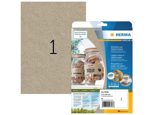 [90280727 1508684] HERMA Universal-Etiketten 210 x 297 mm, 20 Blatt, Braun
