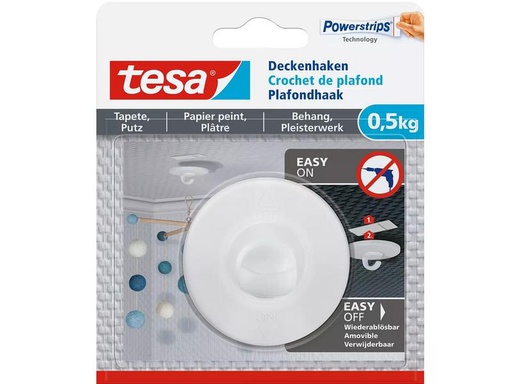 [90281561 1510355] tesa Deckenhaken -Set 0.5 kg für Tapeten &amp; Putz, 3er Pack