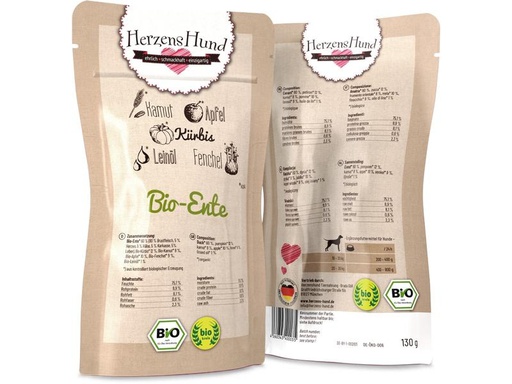 [90291153 1539680] HerzensHund Nassfutter Bio-Ente mit Bio-Gemüse, 130 g