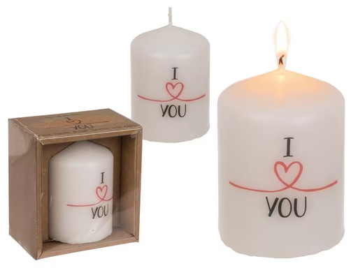 [90299313 1570112] G. Wurm Stumpenkerze I Love You 8 x 6 cm, Weiss