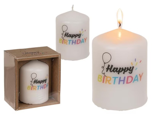 [90299387 1570113] G. Wurm Stumpenkerze Happy Birthday 8 x 6 cm, Weiss