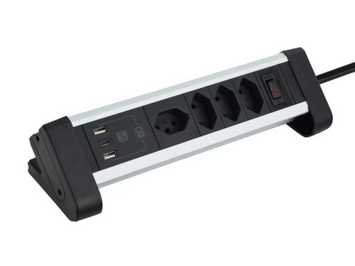 [90302298 1582040] Schönenberger Tischsteckdosenleiste Alu 4× T13, 1x USB-C, 2x USB-A, 2 m