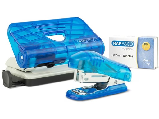 [90313220 1609464] Rapesco Locher / Heftgerät Mini Set 10 Seiten, Blau