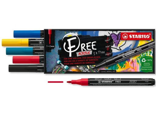 [90320033 1632625] STABILO Acrylmarker Free Acrylic T100 Royal 5-Etui
