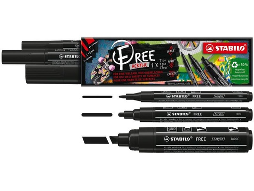 [90320580 1632632] STABILO Acrylmarker Free Acrylic Mix Schwarz, 3-Etui