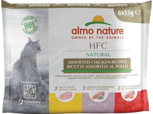 [90321903 1627357] Almo Nature Nassfutter HFC Natural 3 Sorten mit Huhn, 6 x 55 g