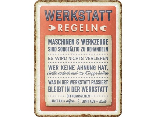 [90322330 1637970] Nostalgic Art Schild Werkstatt-Regeln 15 x 20 cm, Metall