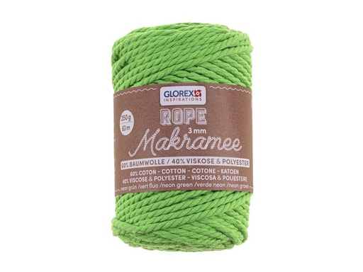 [90324931 1645197] Glorex Wolle Makramee Rope gedreht 63 m x 3 mm, 250g, Neongrün