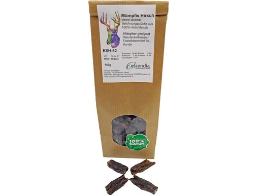 [90327408 1649129] essendia Kausnack Hirschmümpfis, 150 g