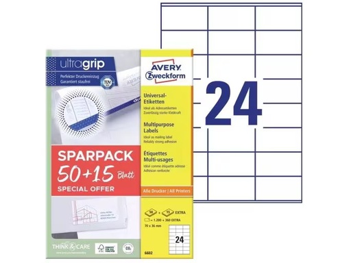[90333180 1669683] Avery Zweckform Universal-Etiketten 70 x 36 mm, 1560 Etiketten / 65 Bogen