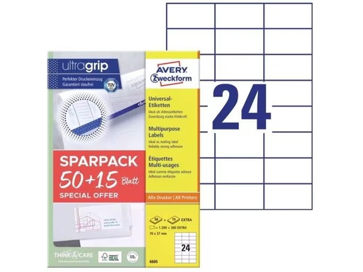 [90333215 1669684] Avery Zweckform Universal-Etiketten 70 x 37 mm,1560 Etiketten / 65 Bogen