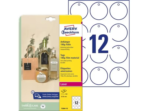 [90333252 1669675] Avery Zweckform Hängeetiketten Tags 60 mm, 10 Blatt, 120 Stück
