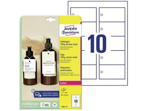 [90333254 1669818] Avery Zweckform Hängeetiketten Tags 90 x 50 mm, 10 Blatt, 100 Stück
