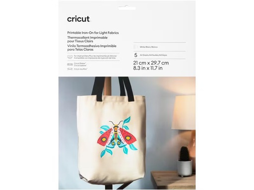 [90333274 1593627] Cricut Aufbügelfolie Joy Xtra bedruckbar A4, 5 Bögen, Weiss