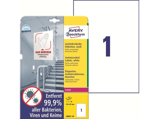 [90005396 1156376] Avery Zweckform Antimikrobielle-Etiketten 210 x 297 mm, 10 Blatt, Weiss