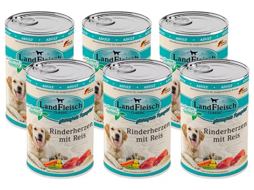 [90341266 1653810] LandFleisch Nassfutter Classic Rinderherzen mit Reis, 6 x 400 g