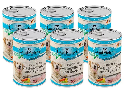 [90341445 1653808] LandFleisch Nassfutter Classic Geflügelherzen und Seelachs, 6 x 400 g