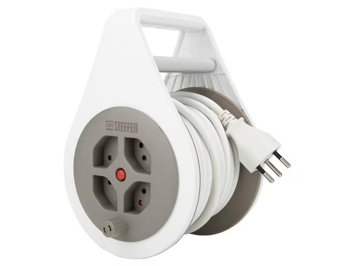 [90343879 1616989] STEFFEN Kabelrolle mit Griff 4 x T13, Weiss / Grau, 7 m Kabel