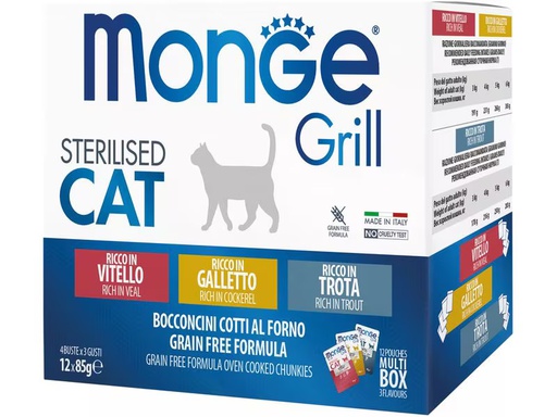 [90344988 1691167] Monge Nassfutter Grill Adult Multi Kalb, Huhn &amp; Forelle, 12x85g
