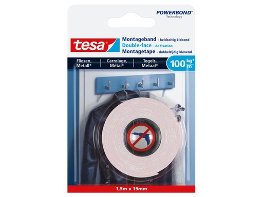 [90058507 491932] tesa Montageband 1.5 m x 19 mm für Fliesen + Metall