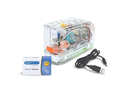 [90074571 916039] Rapesco Elektrisches Heftgerät 626EL USB/Batterie, Transparent