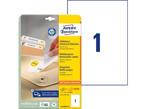 [90007516 926265] Avery Zweckform Universal-Etiketten Stick + Lift 210 x 297 mm, 30 Blatt