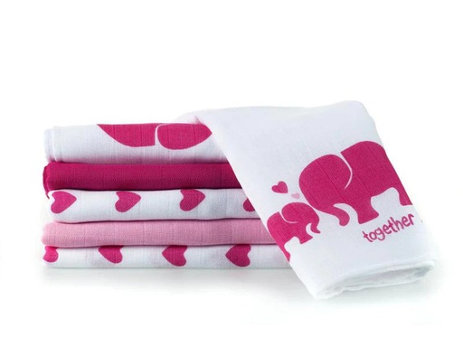 [90080836 974438] MAKIAN Mulltuch 6-er Set 80 x 80 cm Pink und Weiss Elefant, Herz