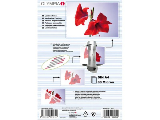 [90086112 534297] Olympia Laminierfolie A4, 80 µm, 25 Stück, Glänzend